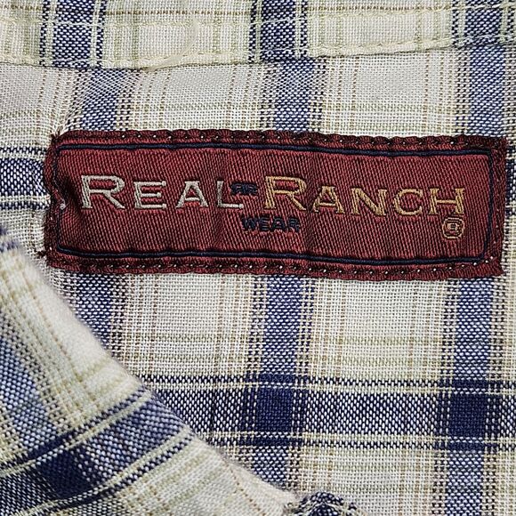 Real Ranch Shirt Mens L Large Blue Khaki‎ Pearl Snap Long Sleeve Western - Picture 8 of 9